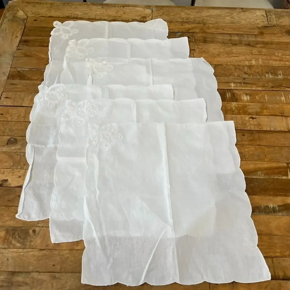 Handmade White Sheer Linen Napkins Floral Embroidery 16x16